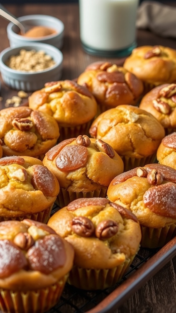 A tray of golden brown monkey bread muffins with a sugary glaze and chopped nuts on a wooden table.